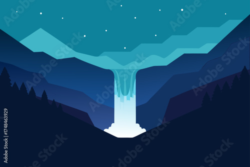 Serene minimalist landscape featuring a majestic waterfall cascading down layered mountains under a starry night sky with a cool blue and dark blue color palette