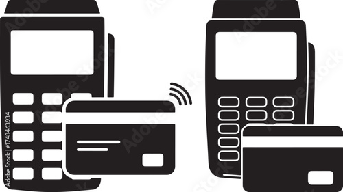 Two payment terminals with credit cards and contactless payment symbol silhouette isolated on white background