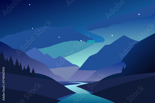 Serene mountain landscape at night with a winding river and starry sky featuring subtle aurora borealis effects