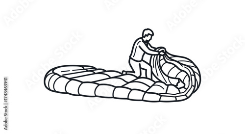 Person Rolling Up Sleeping Bag Line Drawing Illustration.
