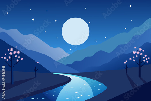 Serene night landscape with a winding river reflecting the full moon and starry sky amidst rolling hills and blooming trees