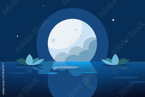 Tranquil night scene with a large full moon casting its glow over a calm body of water with lotus flowers floating peacefully