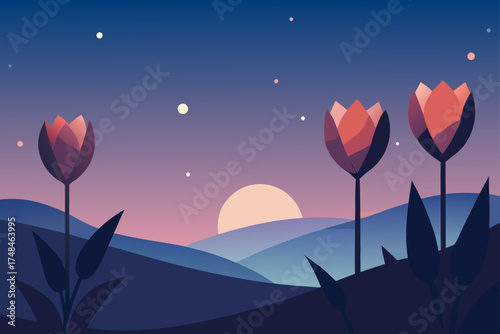 Stylized minimalist landscape with tulips blooming at sunset with a soft gradient sky and distant rolling hills