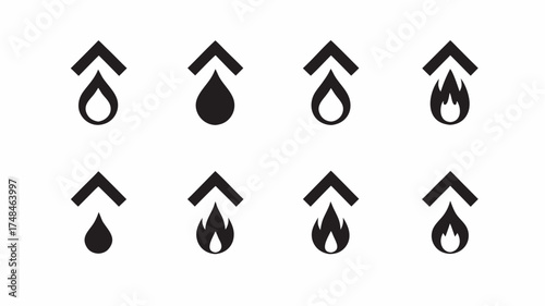 Eight black house icons each containing a flame symbol arranged in two rows on a white background | editable eps vectors silhouette
