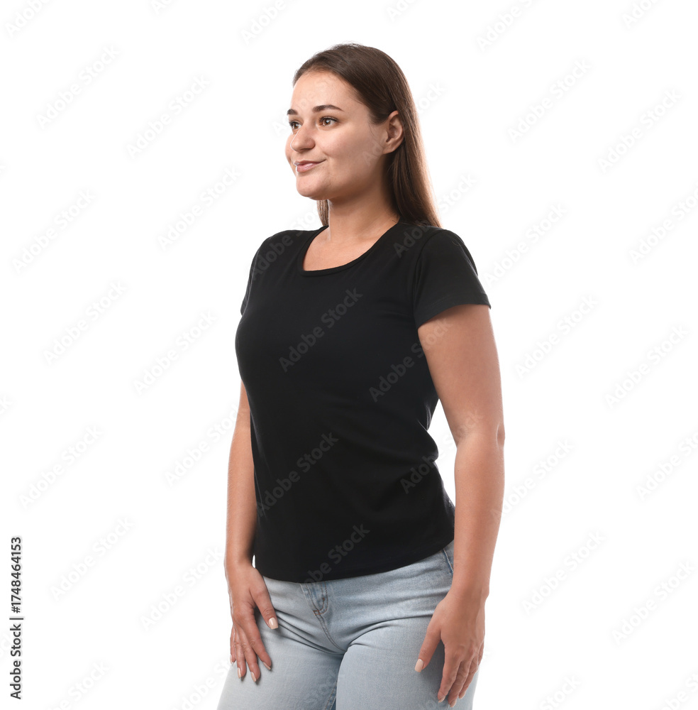 Obraz premium Woman in black t-shirt on white background. Mockup for design