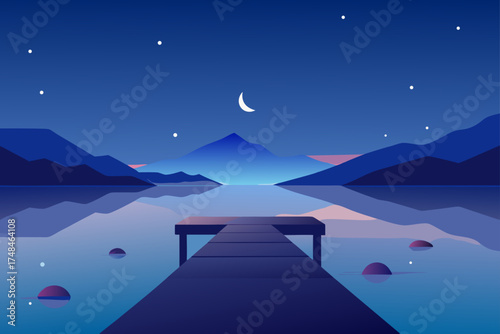 Tranquil twilight scene with a wooden pier extending into a calm lake reflecting mountains and a crescent moon under a starry sky