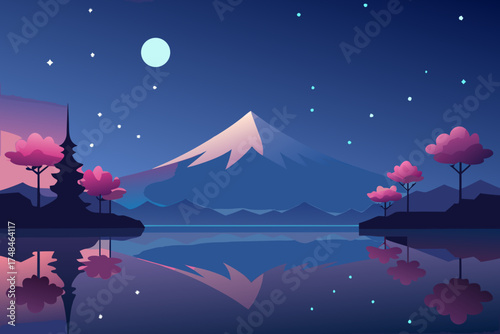 Tranquil japanese landscape under a starry night sky featuring mount fuji and a serene lake reflecting the scenery