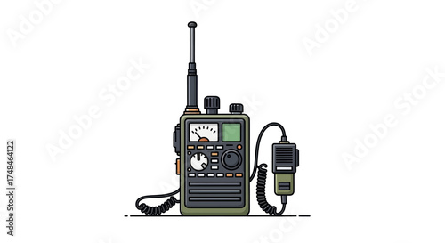 Vintage handheld two-way radio with external microphone and antenna.