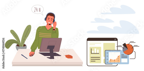 Support agent at desk using a headset, with data charts, graphs, and reports on nearby screens. Ideal for customer service, data analytics, technology, teamwork, remote work problem-solving simple