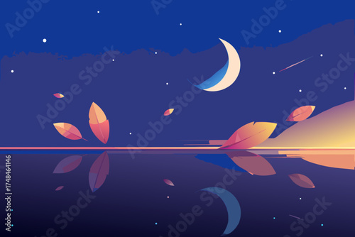 Stylized minimalist night sky with a crescent moon falling leaves and stars reflected on a calm body of water with vibrant sunset colors