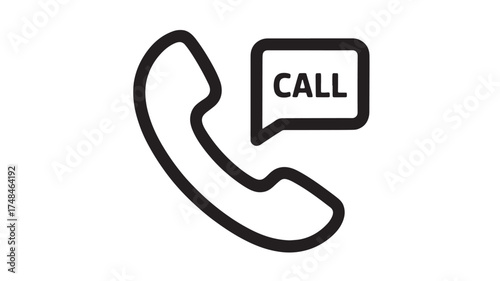 Simple line icon of a telephone handset with a speech bubble saying CALL, representing communication and service