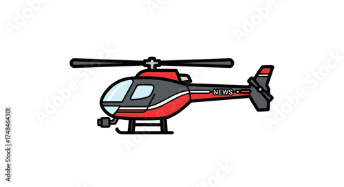 Red and black news helicopter with rotor blades and landing gear.