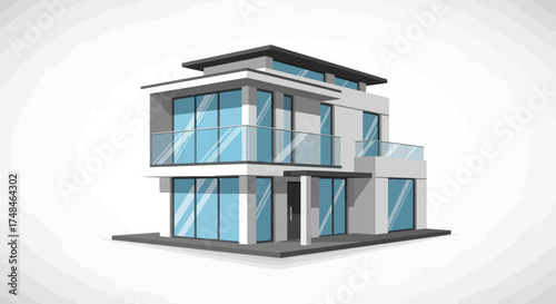 Modern Two-Story House with Large Windows and Flat Roof Design.