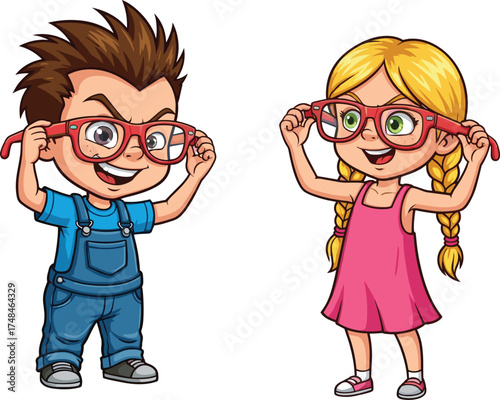 hildren wearing oversized red glasses, kids pretend play, imagination, fun activity, joyful childhood, playful expression, friendship, teamwork, creative learning, whimsical style