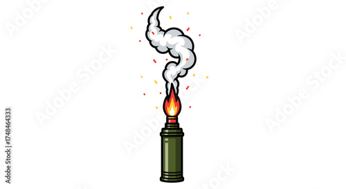 Hand-drawn green signal flare with a burning flame and billowing white smoke.