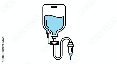 Medical IV Drip Bag with Blue Fluid and Tubing.