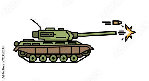 Cartoon Illustration of a Firing Military Tank with Projectile.