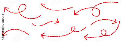 Collection of curved arrows with dashed lines. Hand drawn curve dotted line arrow set. curved pointers sign. Sketch curved dashed arrows. signpost showing a confusing complex path. Dashed arrows.