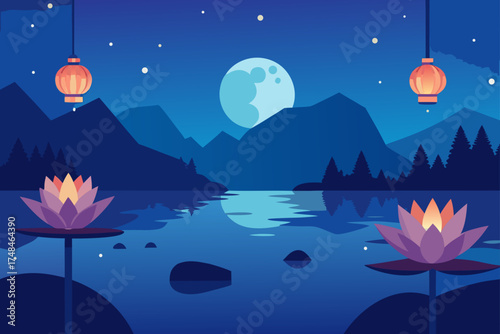 Serene night landscape with a full moon over mountains a calm lake reflecting the sky and illuminated lotus flowers and lanterns