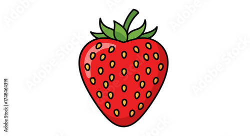 Vibrant Red Cartoon Strawberry Illustration with Green Leaves.
