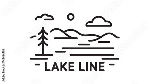 Minimalist landscape illustration of a serene lake, rolling hills, and a single pine tree under a sunny sky.
