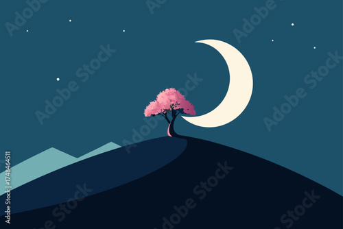 Serene night landscape featuring a solitary pink blooming tree on a hill beneath a crescent moon and starry sky