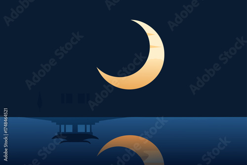 A serene night scene featuring a golden crescent moon reflected in calm water alongside a silhouetted traditional building and a lone tree