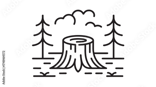 Minimalist illustration of a tree stump surrounded by pine trees and clouds