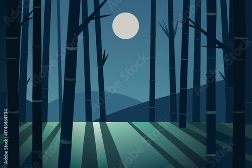 Tranquil night scene of a dense bamboo forest illuminated by a full moon with calm water reflecting the moonlight and surrounding hills