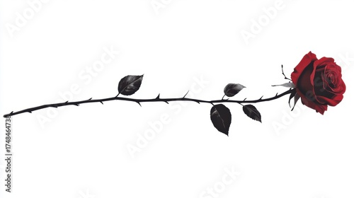 Painting of a red rose with a long branch, white background. cut out.