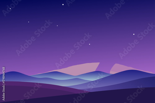 Stylized abstract landscape with rolling hills and a starry purple night sky evoking a sense of calm and wonder