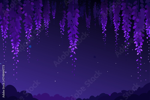 Enchanting purple wisteria flowers cascade down against a dark starry night sky creating a magical and serene atmosphere with a silhouette of hills below