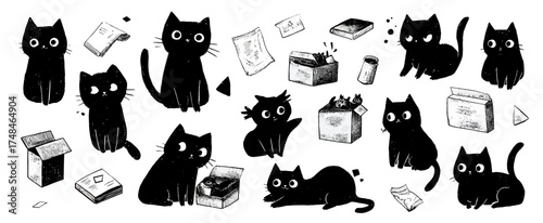 Illustration featuring playful black felines with wide eyes interacting with boxes and various paper objects