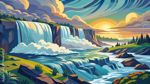 Very beautiful rushing water over Niagara Falls, vector-style composition emphasizing mist, motion, and the breathtaking majesty of this natural wonder.
