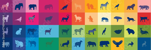 A grid featuring colorful stylized animal silhouettes, spanning various species, arranged in rows