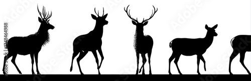 Silhouette of various deer with impressive antlers, set against a stark white background