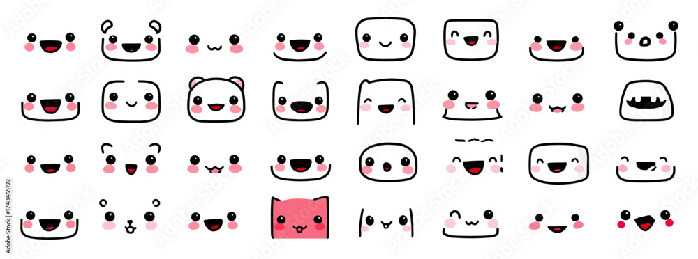 Naklejka premium A collection of cartoon faces in various shapes and expressions. Each face features cute details and a simple style