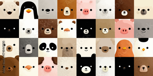 A grid of animal faces with simplistic design and watercolor textures. Each face is square-shaped