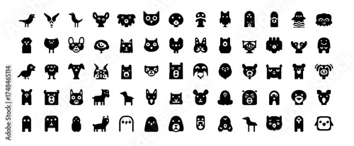 A collection of stylized black illustrations of animals, birds, and cartoonish creatures on a white background