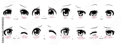 A collection of manga-style character eyes and facial expressions, varying emotions