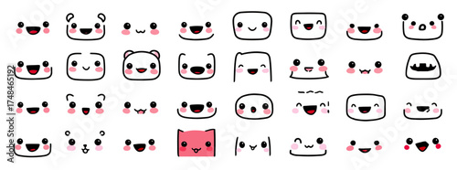 A collection of cartoon faces in various shapes and expressions. Each face features cute details and a simple style