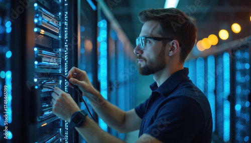 Man works with server racks in data center. Technician connects cables to computer hardware. Blue lights illuminate equipment. Pro IT specialist maintains system.