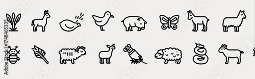 A collection of simple black outline icons of animals, plants, and other natural elements