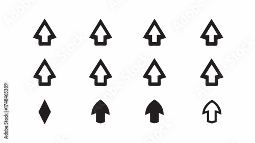 Collection of eight black and white upward pointing arrow icons in various styles and orientations | editable eps vectors silhouette