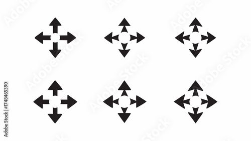 A set of eight black icons featuring star shapes and directional arrows arranged in a symmetrical pattern | editable eps vectors silhouette