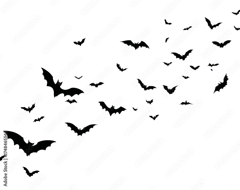 Obraz premium Numerous dark silhouette bats are scattered against a stark white background, flying in various directions