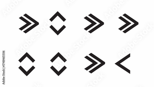 A collection of black curved arrows pointing downwards and wavy lines arranged in rows on a white background | editable eps vectors silhouette