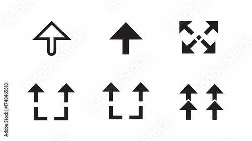 A collection of six arrow icons pointing upwards and outwards in a simple black and white design style | editable eps vectors silhouette