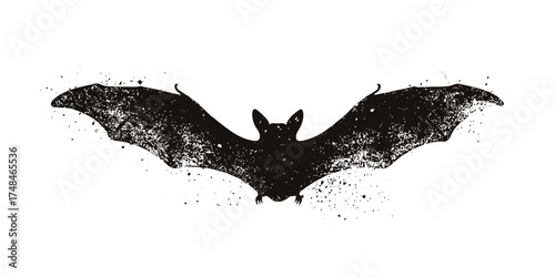 A distressed black bat silhouette, spread wings, textured surface, white background, grunge aesthetic