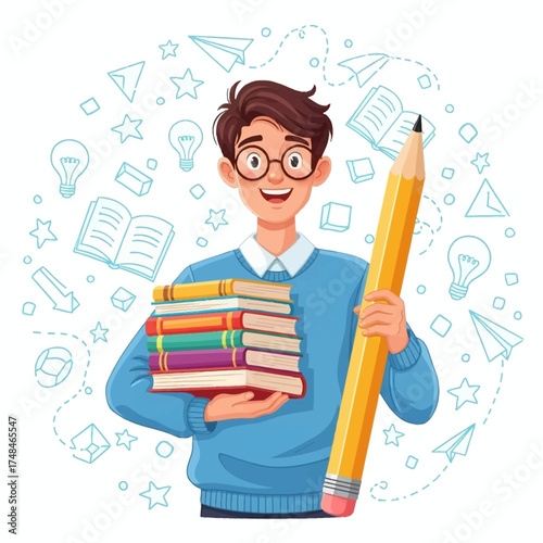 Boy with Books and Pencil Vector Illustration